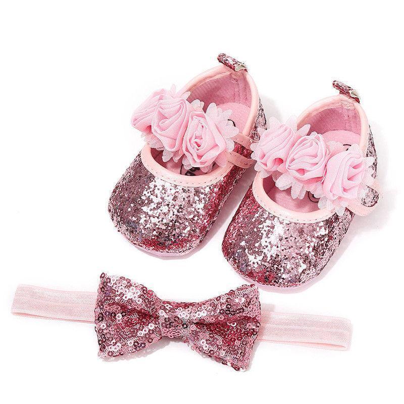 Chaussures Bébé Filles Antidérapantes avec Nœud Pailleté Mignon, Premiers Pas de Princesse, Bandeau et Chaussures de Fête pour Nouveau-Né