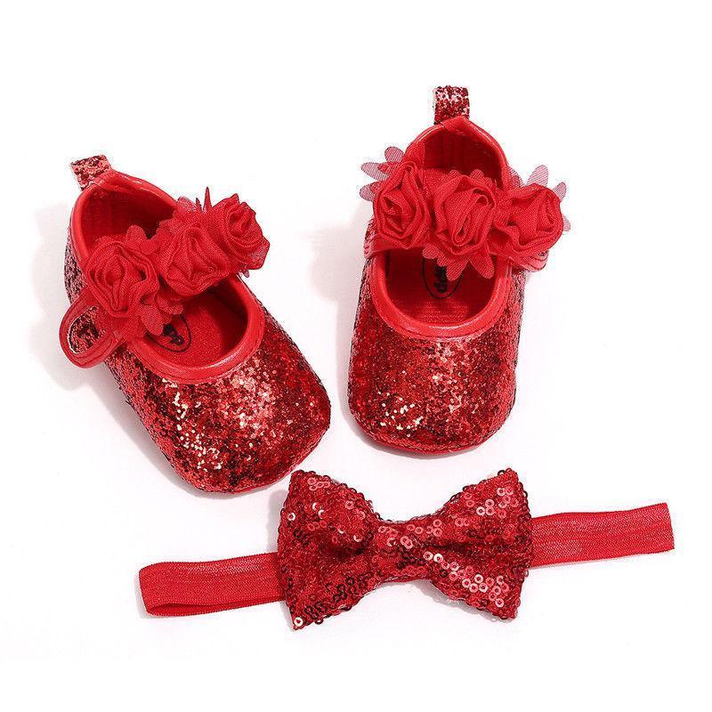 Chaussures Bébé Filles Antidérapantes avec Nœud Pailleté Mignon, Premiers Pas de Princesse, Bandeau et Chaussures de Fête pour Nouveau-Né
