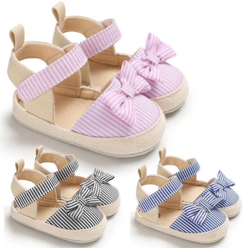 Bébé fille nouveau-né Rayé Noeud Sandales Chaussures souples Bébés Anti-dérapant Baskets Nouvelle Mode Sabots 0-18M