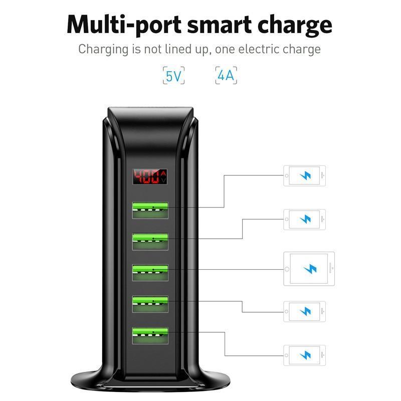 Chargeur USB puissant 5 ports à économie d'énergie, écran LED, station de charge USB multiple, station d'accueil universelle pour téléphone portable, prise murale de bureau UE Royaume-Uni