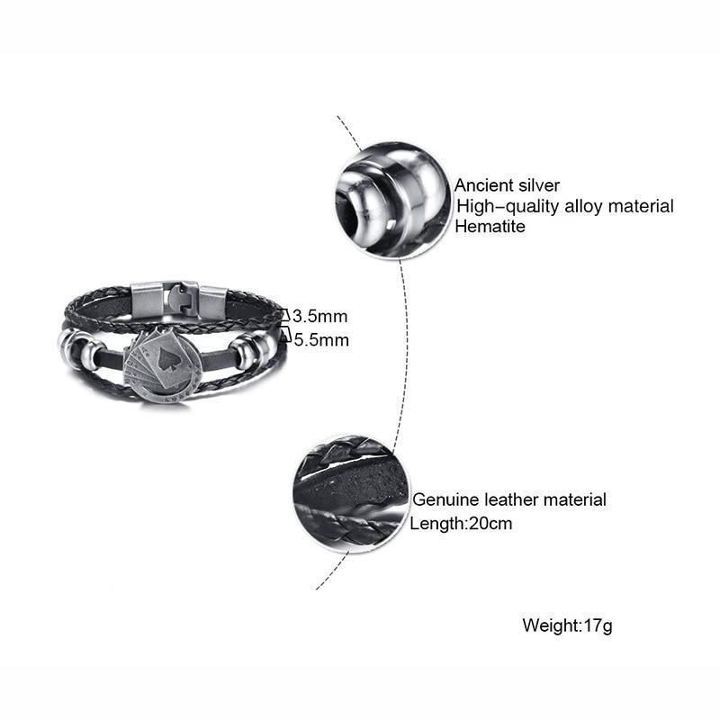 Bracelet en cuir Lucky Vintage pour hommes avec breloque cartes à jouer, tressé multicouche, cadeau pour hommes et femmes