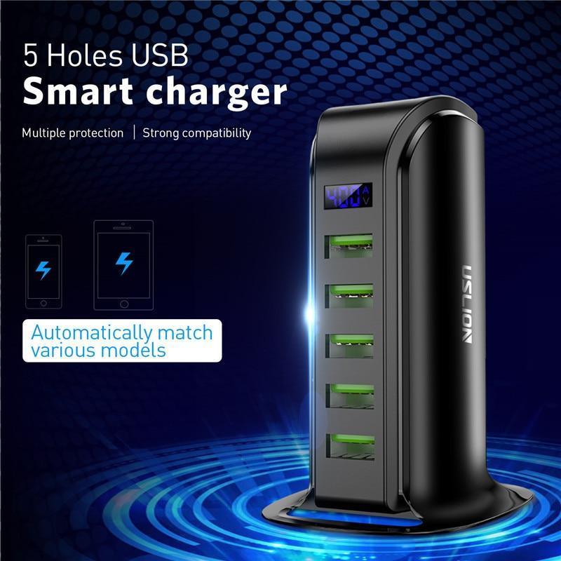 Chargeur USB puissant 5 ports à économie d'énergie, écran LED, station de charge USB multiple, station d'accueil universelle pour téléphone portable, prise murale de bureau UE Royaume-Uni