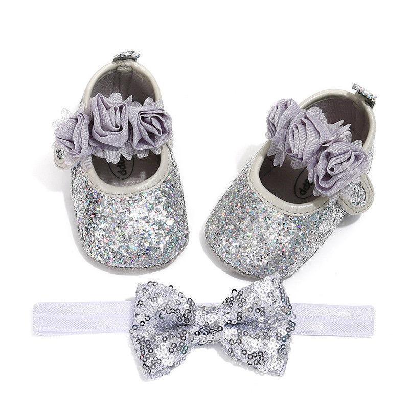 Chaussures Bébé Filles Antidérapantes avec Nœud Pailleté Mignon, Premiers Pas de Princesse, Bandeau et Chaussures de Fête pour Nouveau-Né