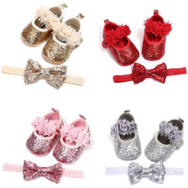 Chaussures Bébé Filles Antidérapantes avec Nœud Pailleté Mignon, Premiers Pas de Princesse, Bandeau et Chaussures de Fête pour Nouveau-Né