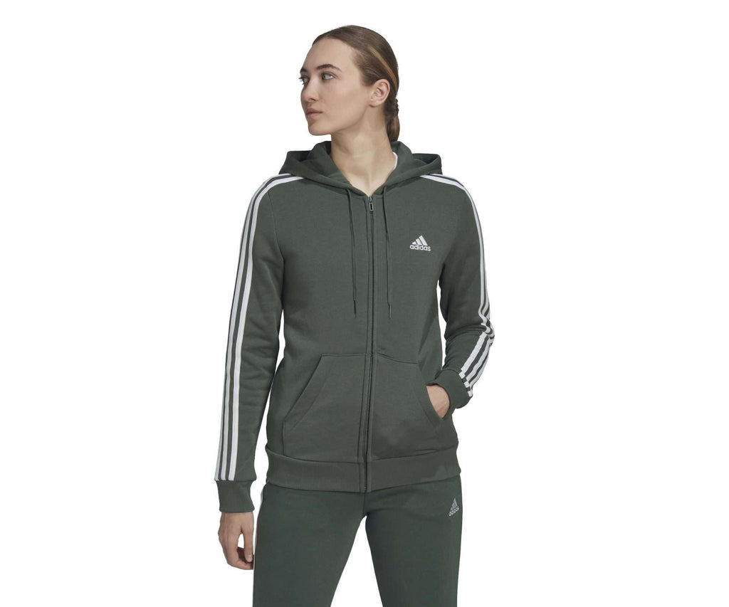 adidas Sweat à capuche zippé en molleton Essentials 3-Stripes pour femme - VERT OXYDE BLANC