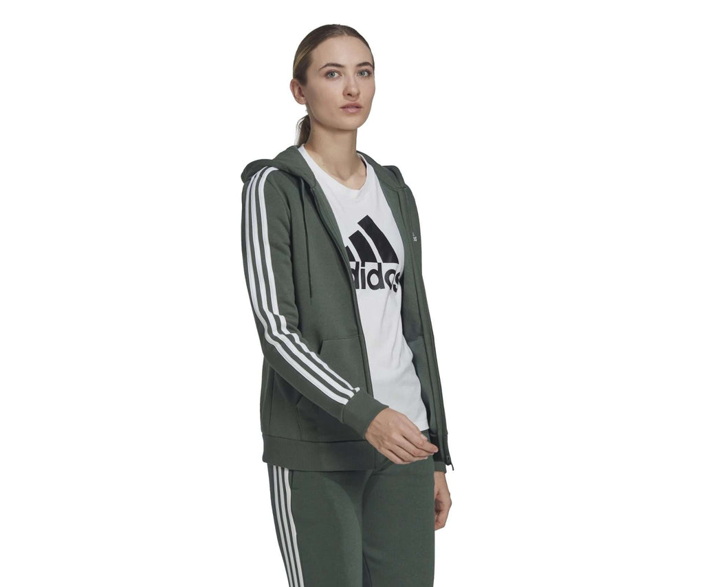 adidas Sweat à capuche zippé en molleton Essentials 3-Stripes pour femme - VERT OXYDE BLANC