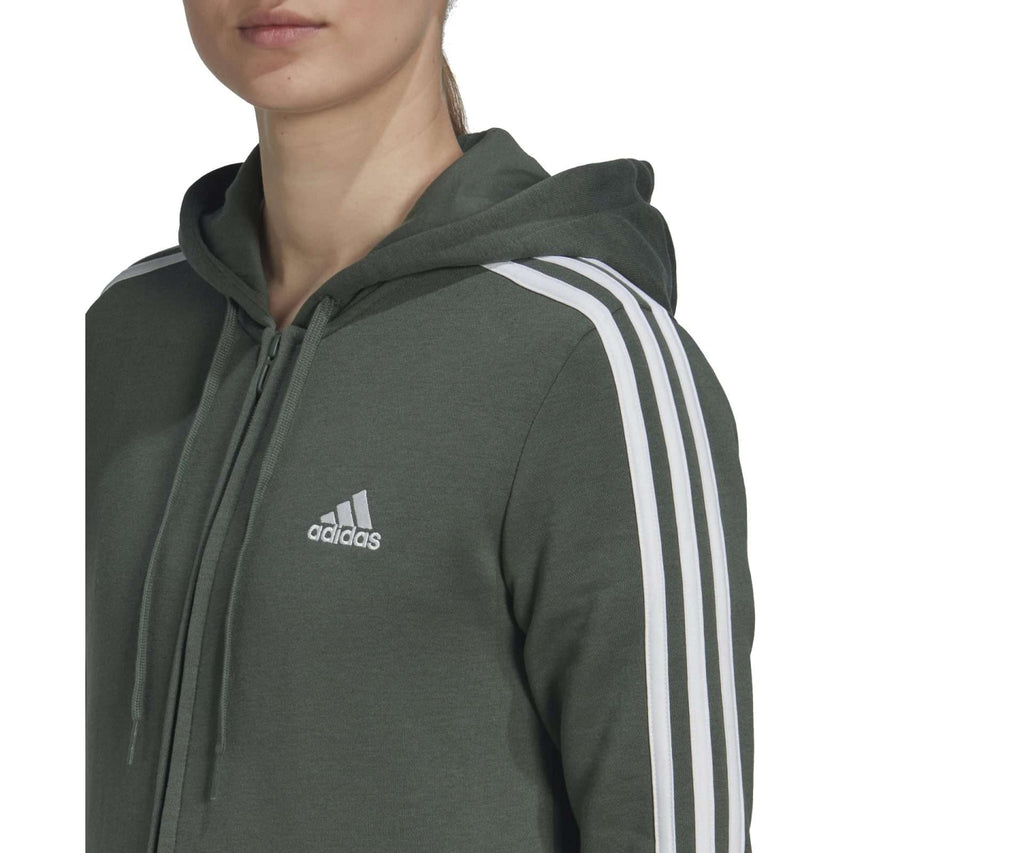adidas Sweat à capuche zippé en molleton Essentials 3-Stripes pour femme - VERT OXYDE BLANC