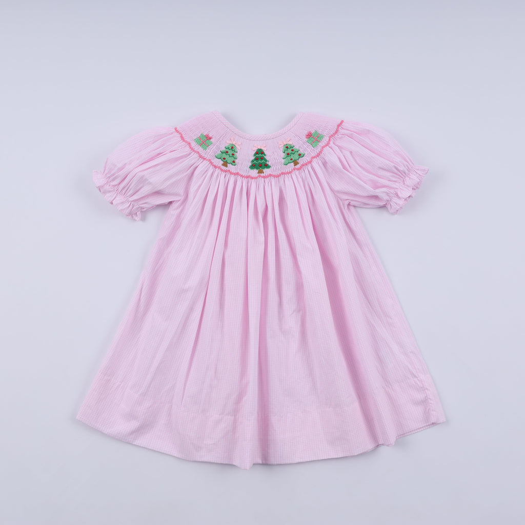Robe rose à smocks faite main pour Noël