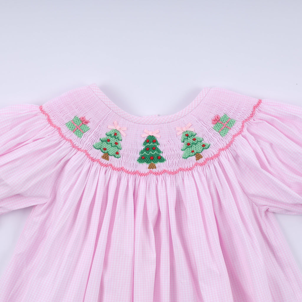 Robe rose à smocks faite main pour Noël
