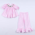 Ensemble pantalon à volants et smocks main avec sapin de Noël rose