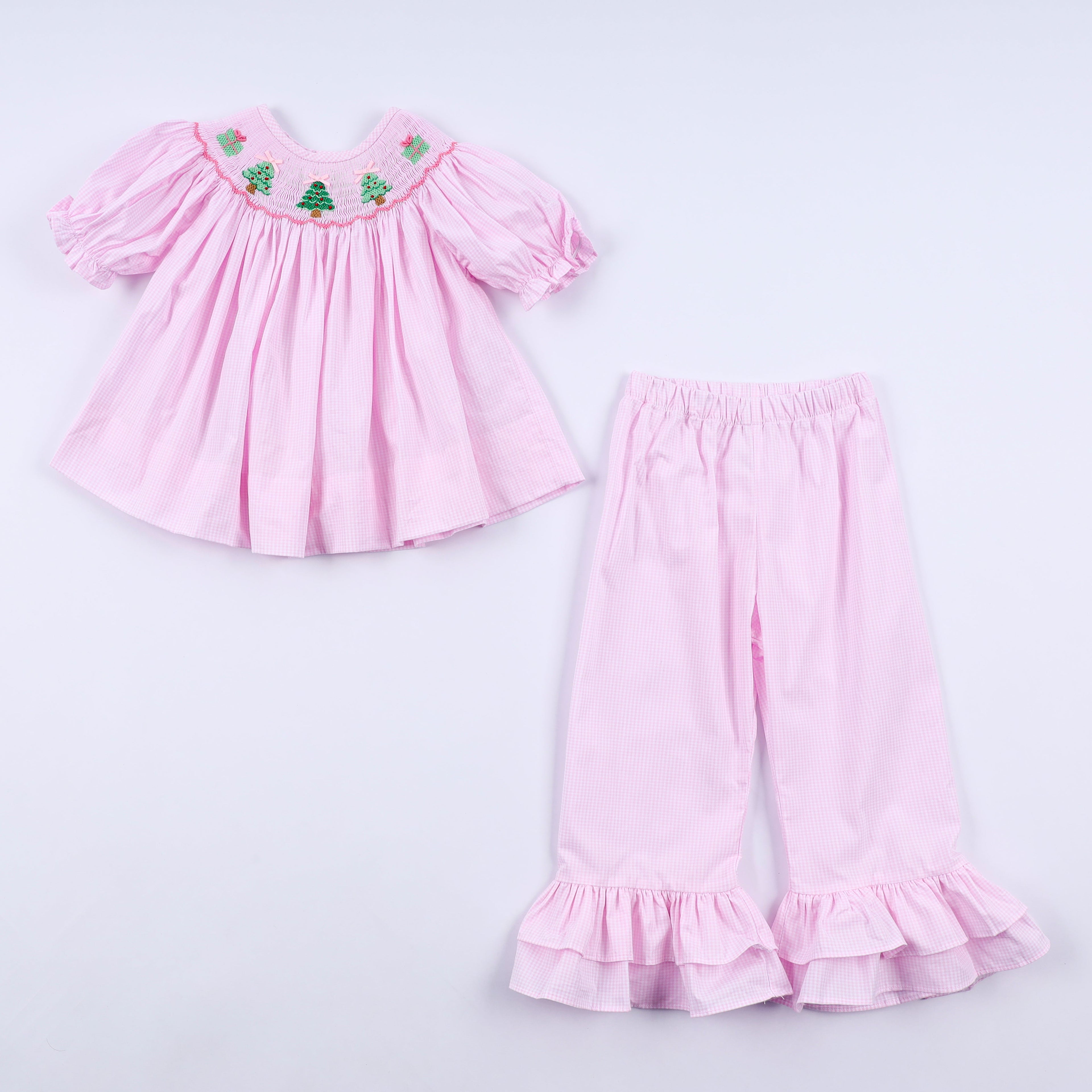 Ensemble pantalon à volants et smocks main avec sapin de Noël rose