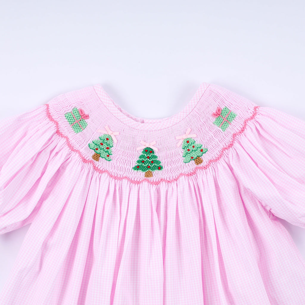 Ensemble pantalon à volants et smocks main avec sapin de Noël rose