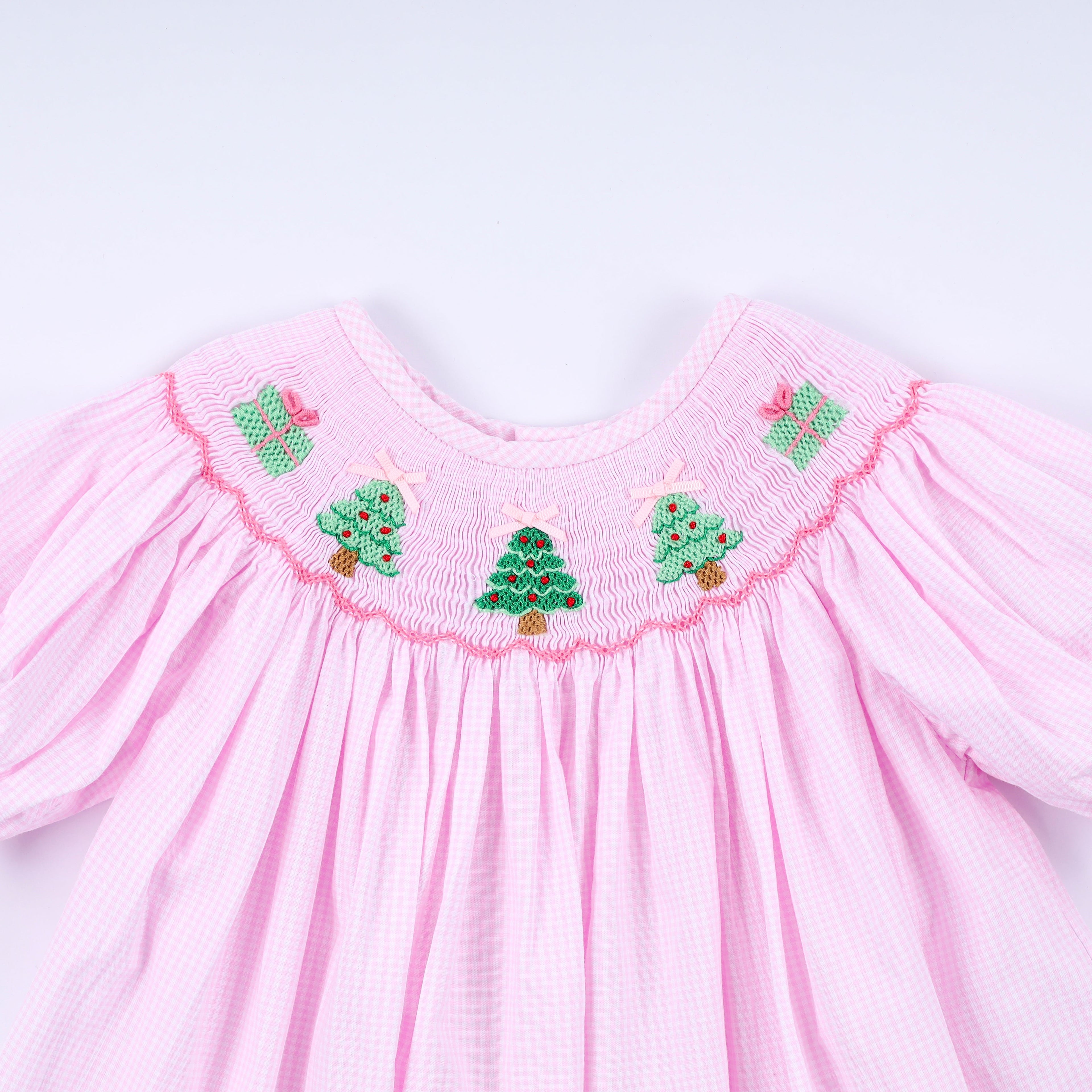 Ensemble pantalon à volants et smocks main avec sapin de Noël rose