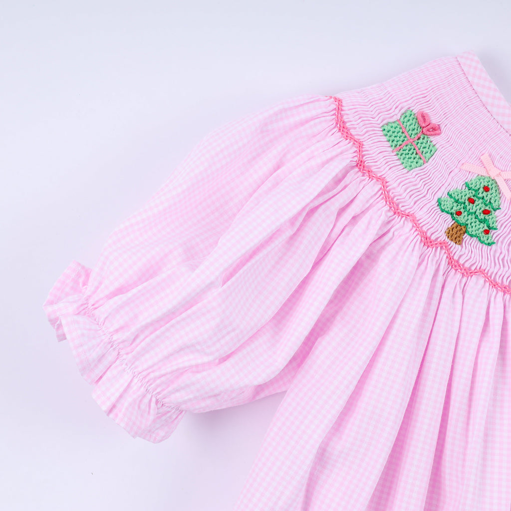 Ensemble pantalon à volants et smocks main avec sapin de Noël rose