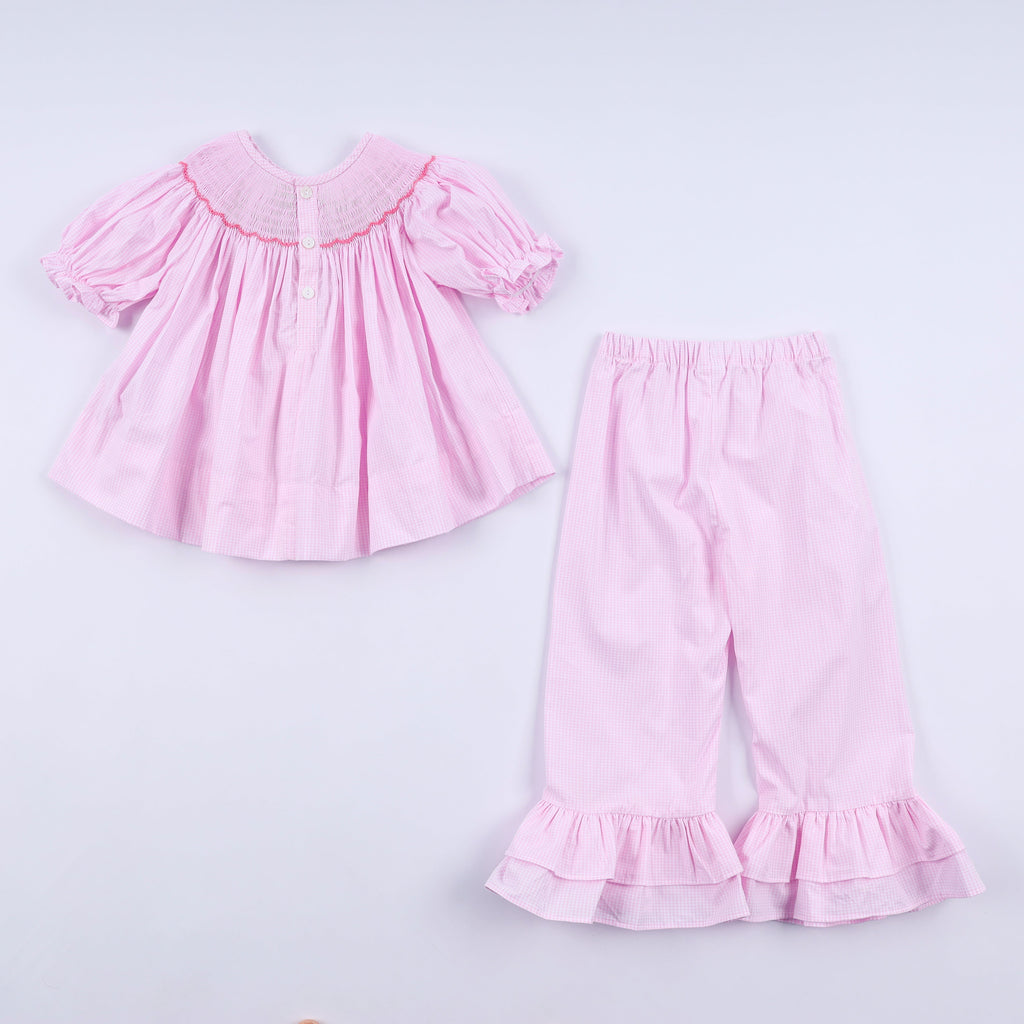 Ensemble pantalon à volants et smocks main avec sapin de Noël rose