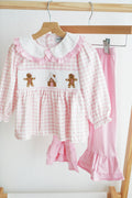 Ensemble pantalon à volants en vichy smocks main pain d'épices rose