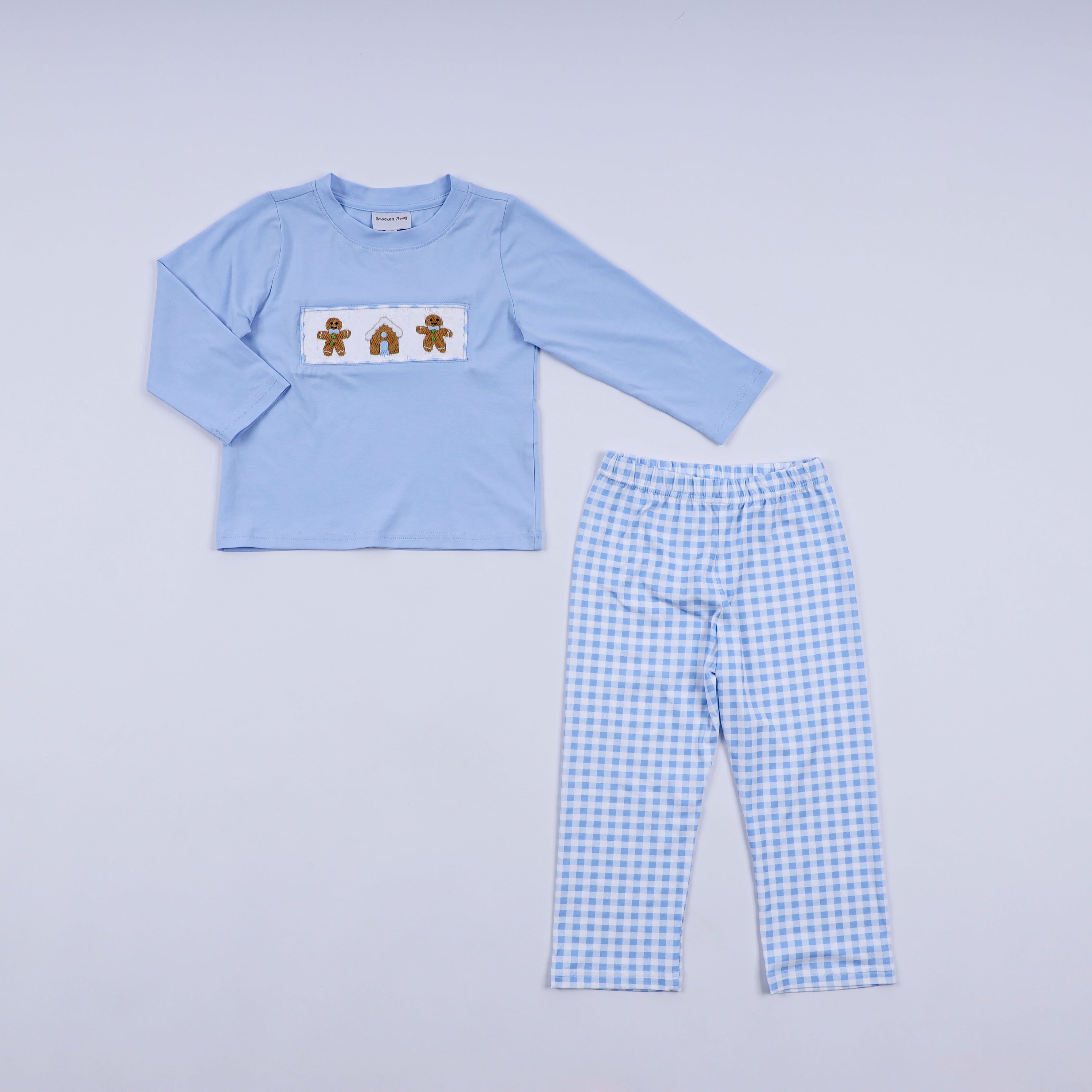Ensemble pantalon vichy smocké main en pain d'épices bleu