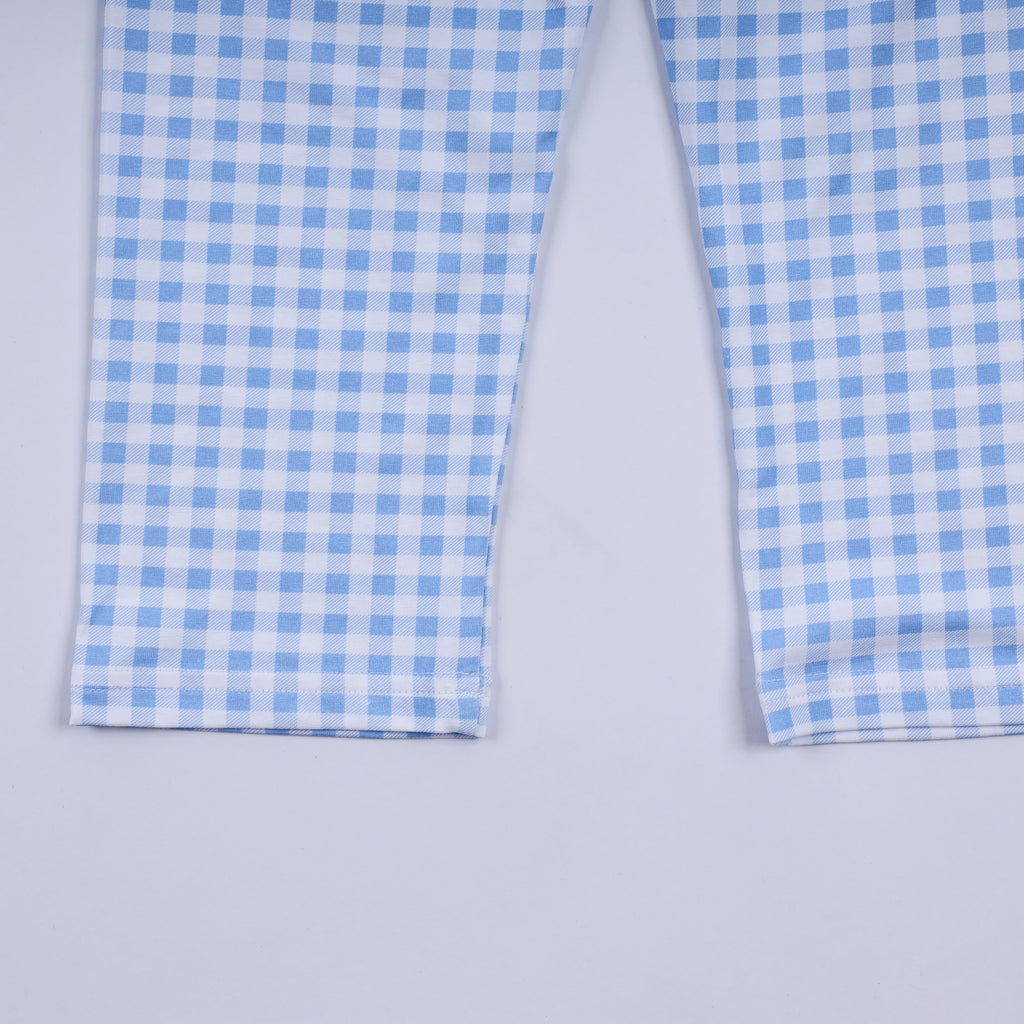 Ensemble pantalon vichy smocké main en pain d'épices bleu