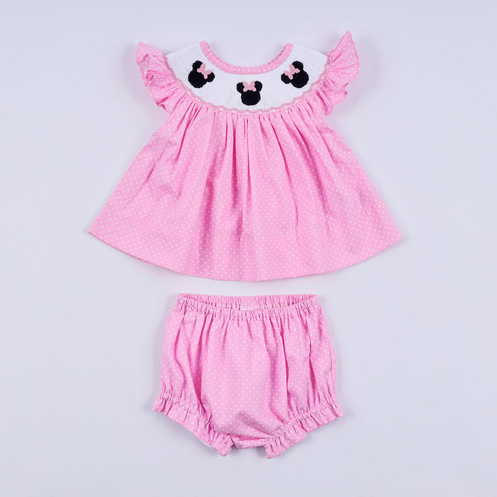 Ensemble bloomer rose à pois smockés main et volant