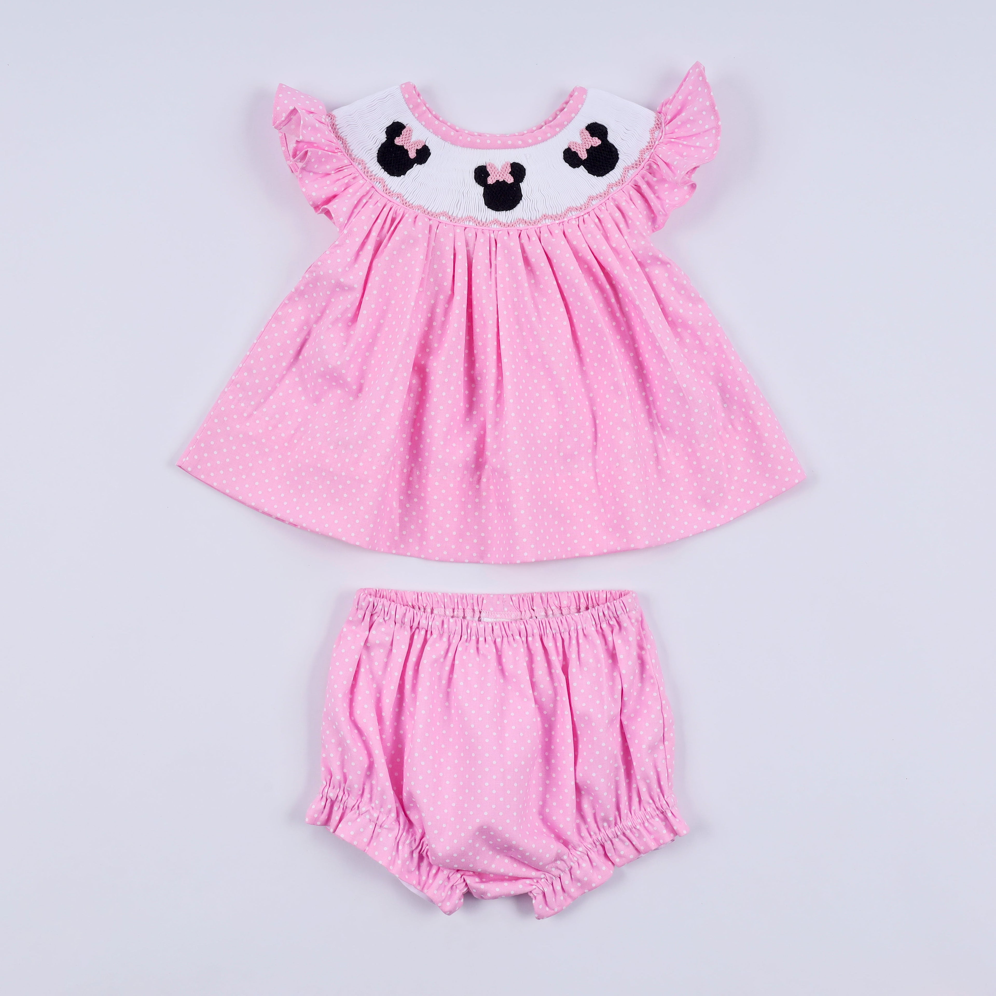 Ensemble bloomer rose à pois smockés main et volant
