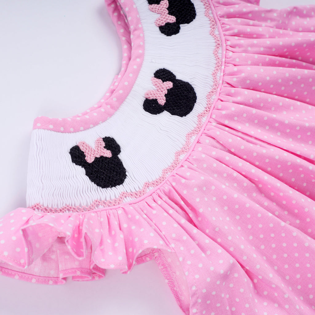 Ensemble bloomer rose à pois smockés main et volant