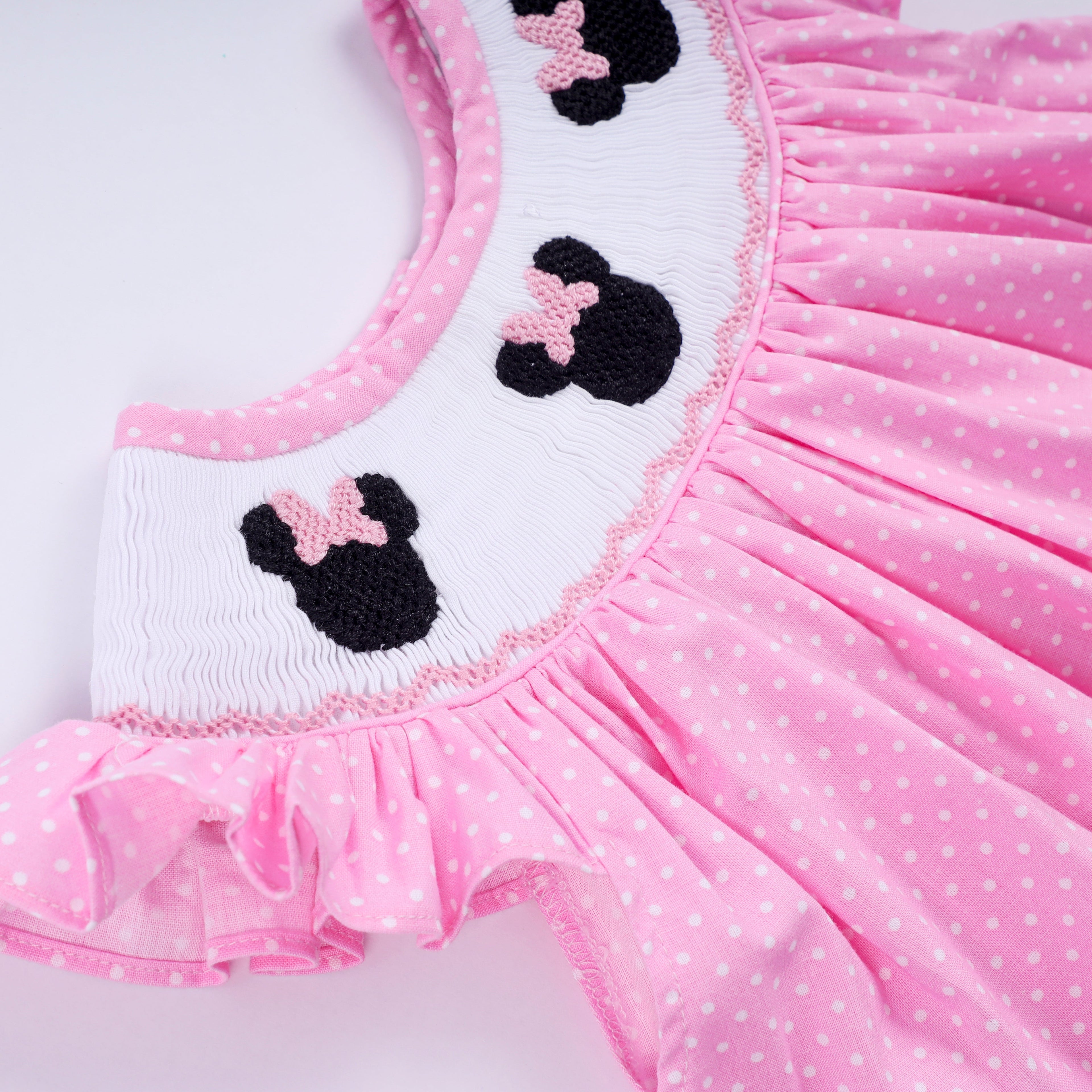 Ensemble bloomer rose à pois smockés main et volant