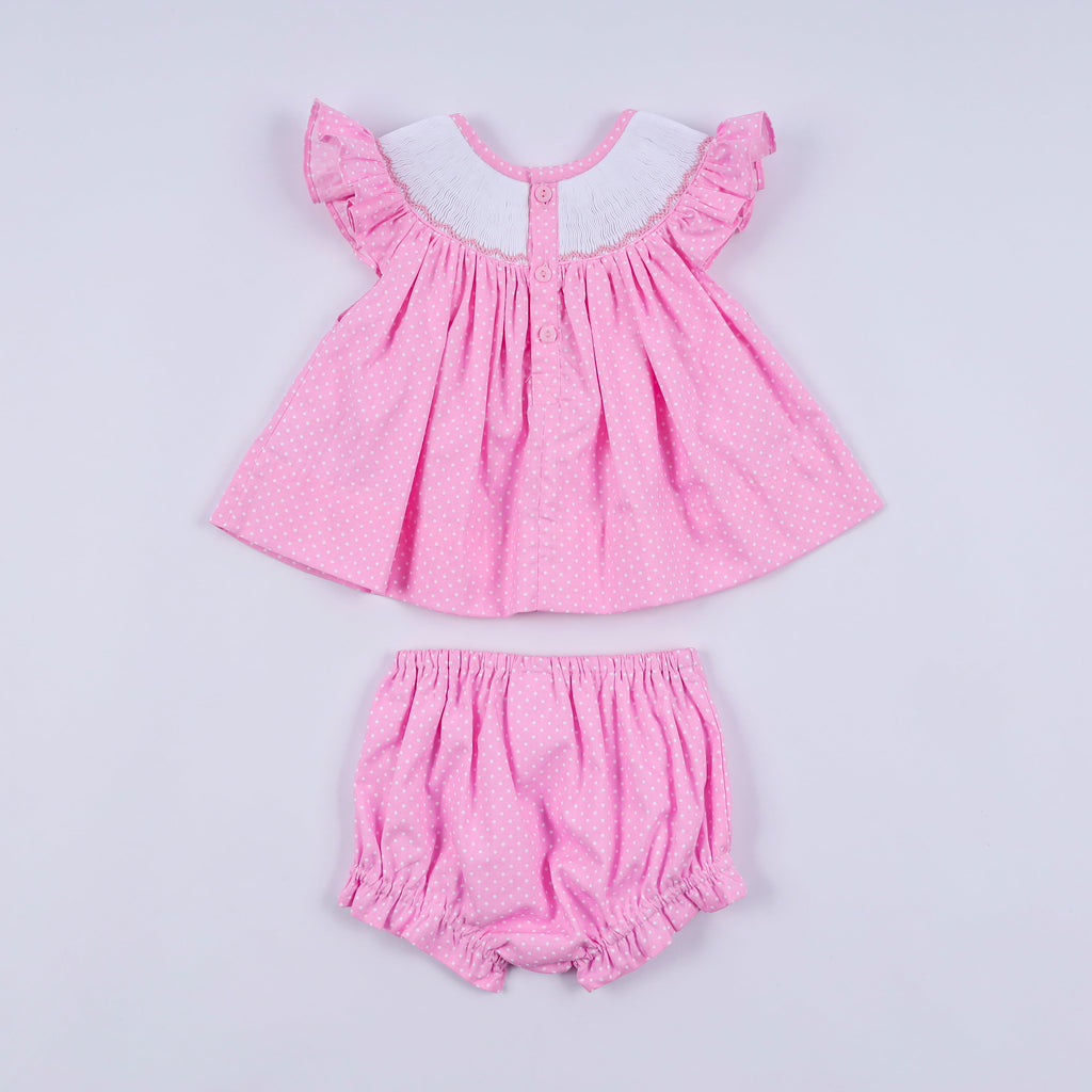 Ensemble bloomer rose à pois smockés main et volant