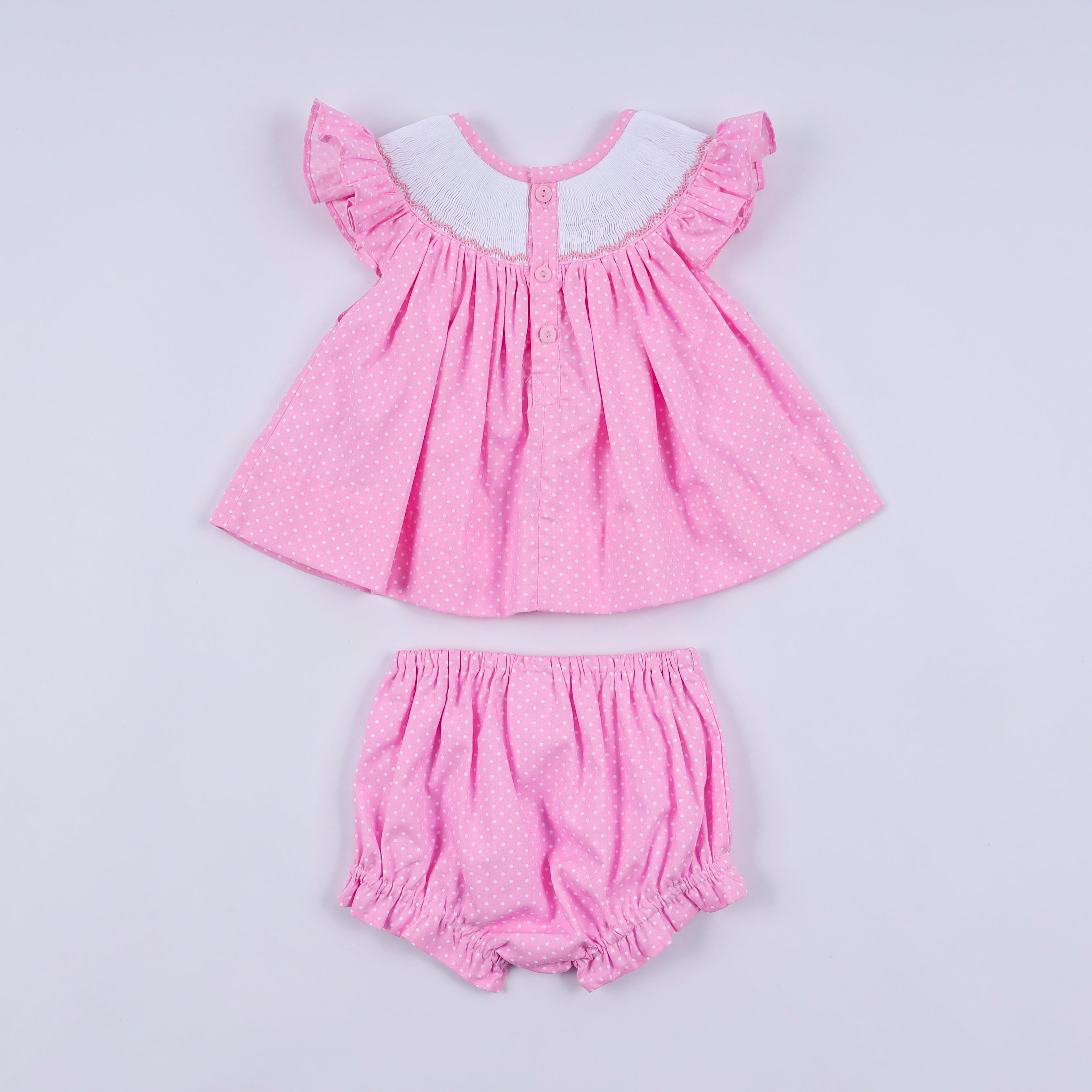 Ensemble bloomer rose à pois smockés main et volant