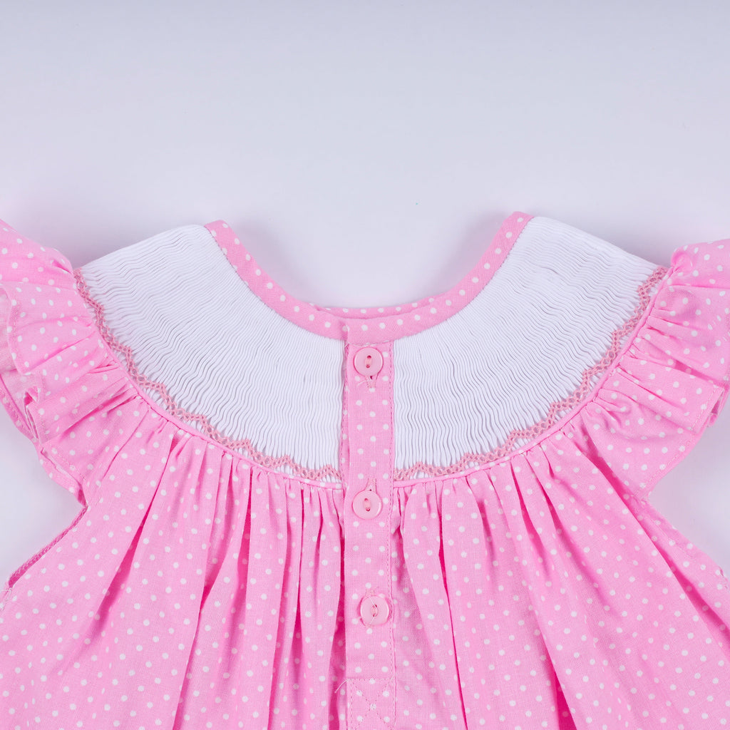 Ensemble bloomer rose à pois smockés main et volant