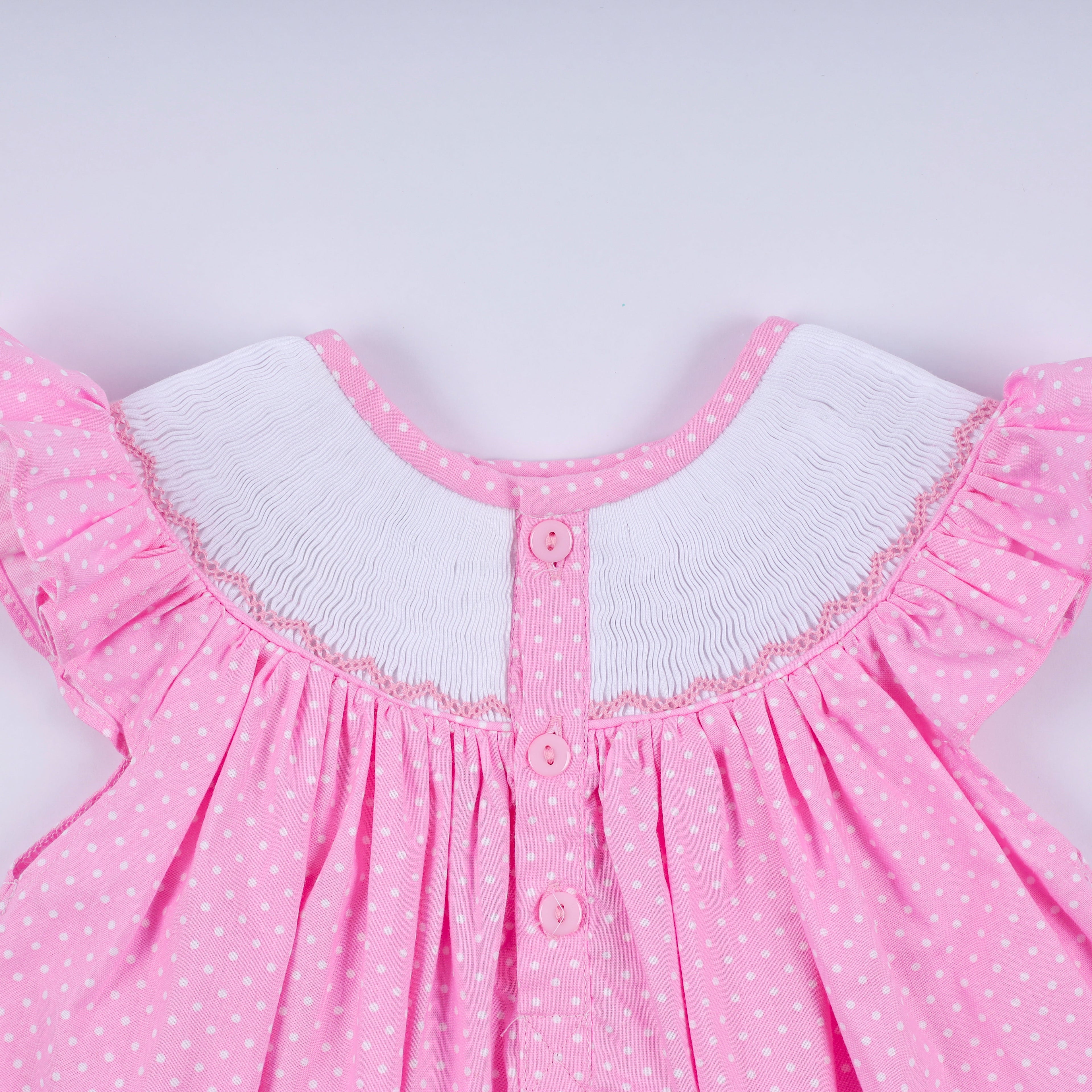 Ensemble bloomer rose à pois smockés main et volant