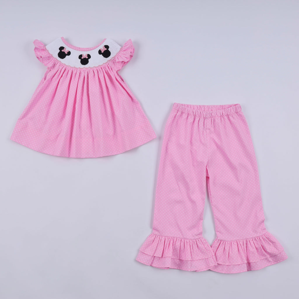 Ensemble pantalon à pois à volants smocké à la main, personnage rose