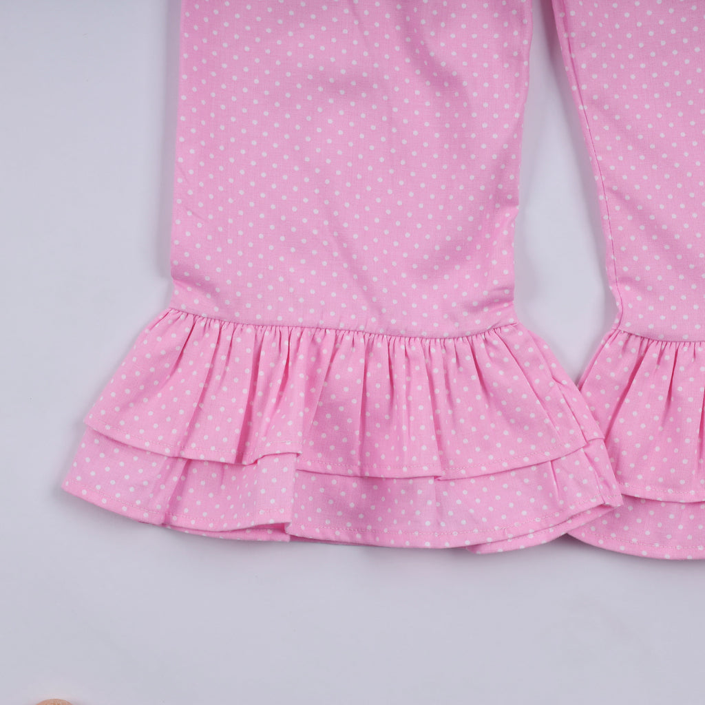 Ensemble pantalon à pois à volants smocké à la main, personnage rose