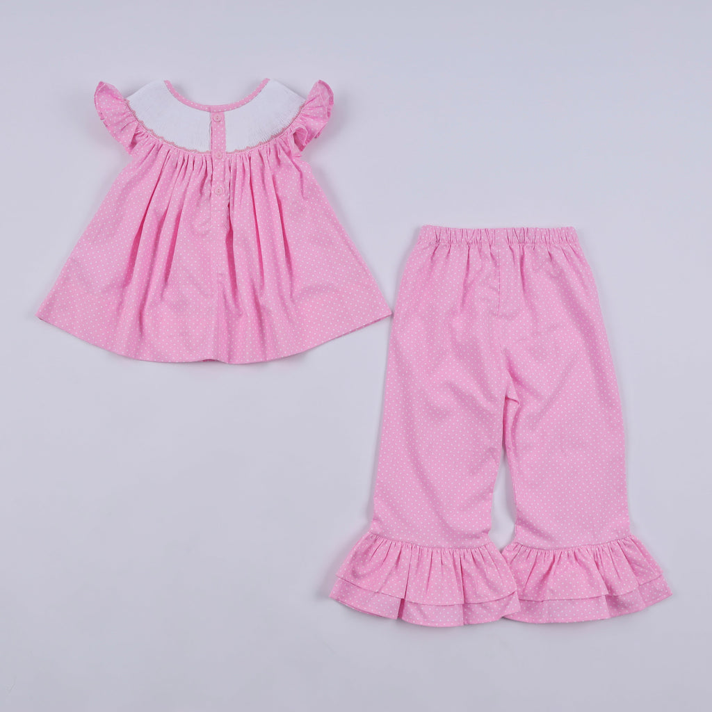 Ensemble pantalon à pois à volants smocké à la main, personnage rose