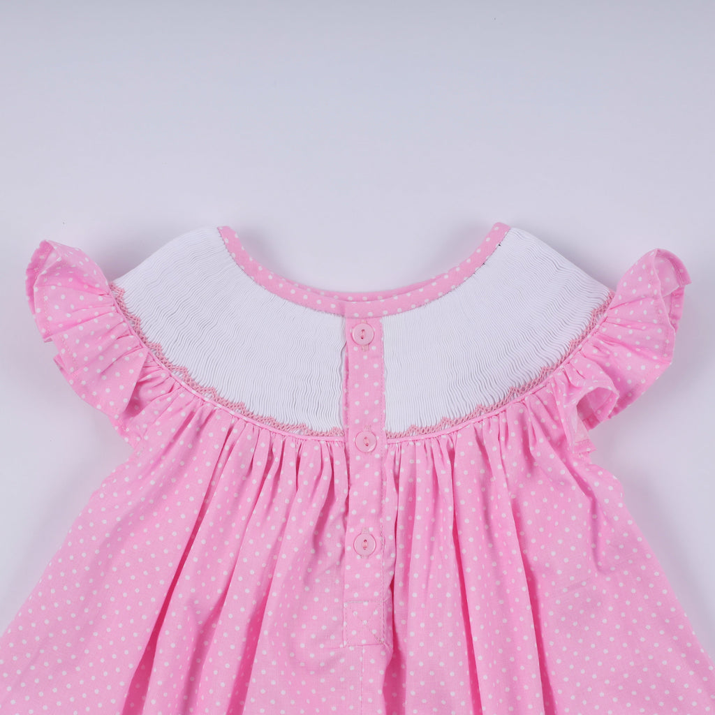 Ensemble pantalon à pois à volants smocké à la main, personnage rose