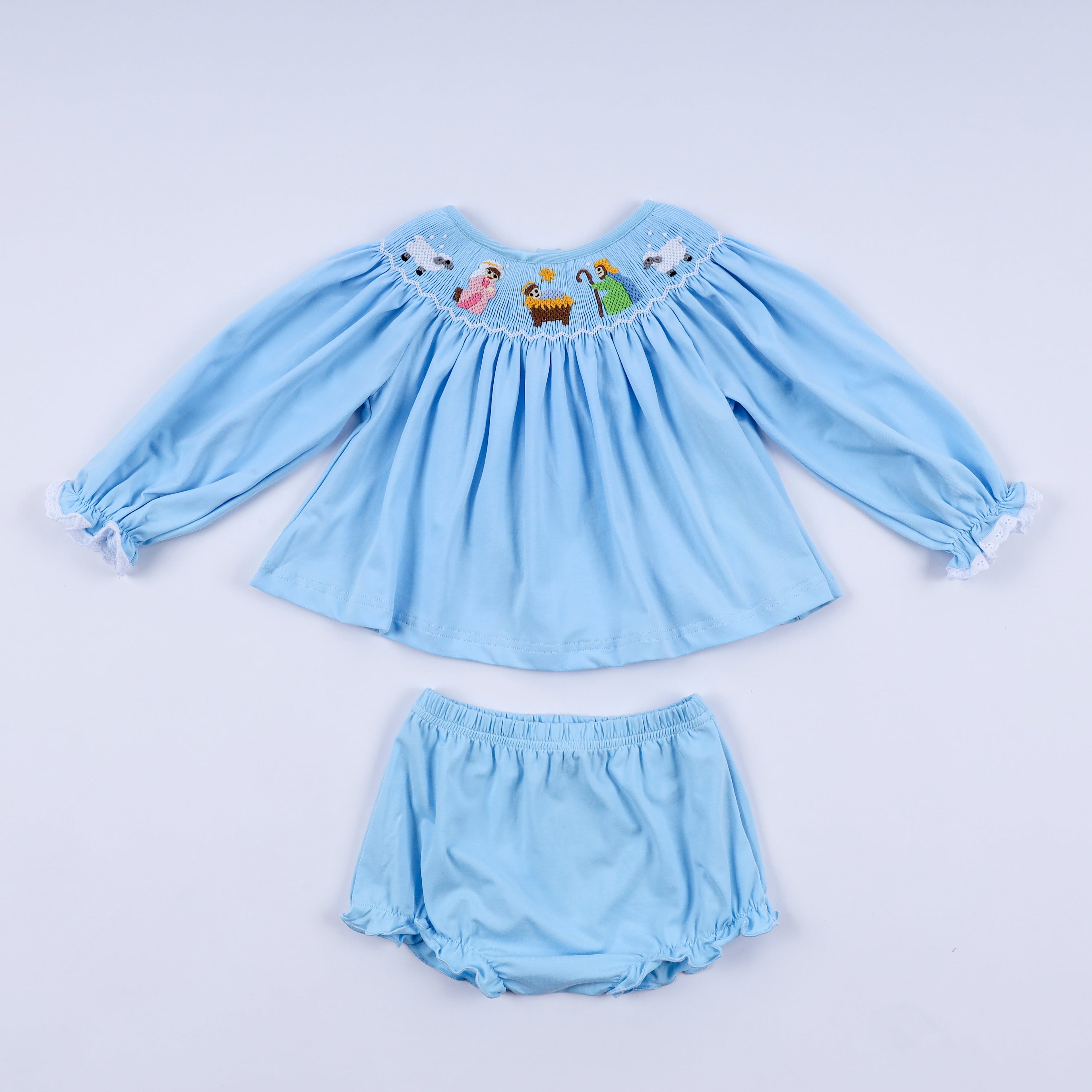 Ensemble bloomer smocké main crèche bleu