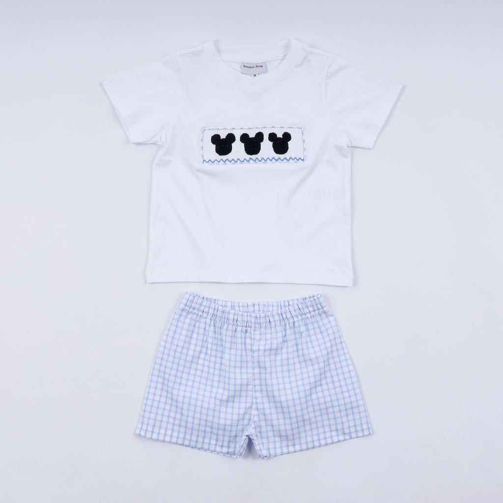 Ensemble short vichy smocké main personnage bleu