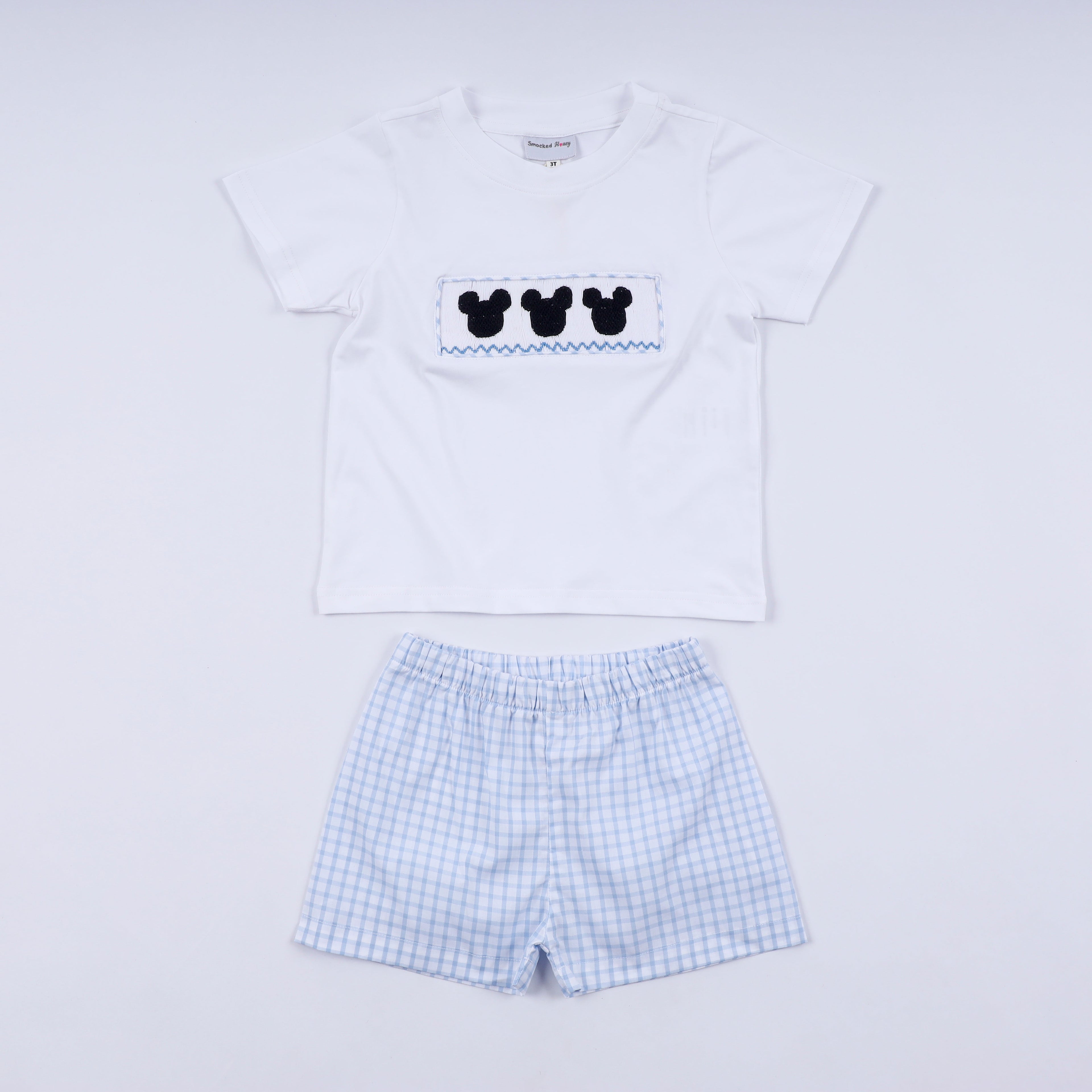 Ensemble short vichy smocké main personnage bleu