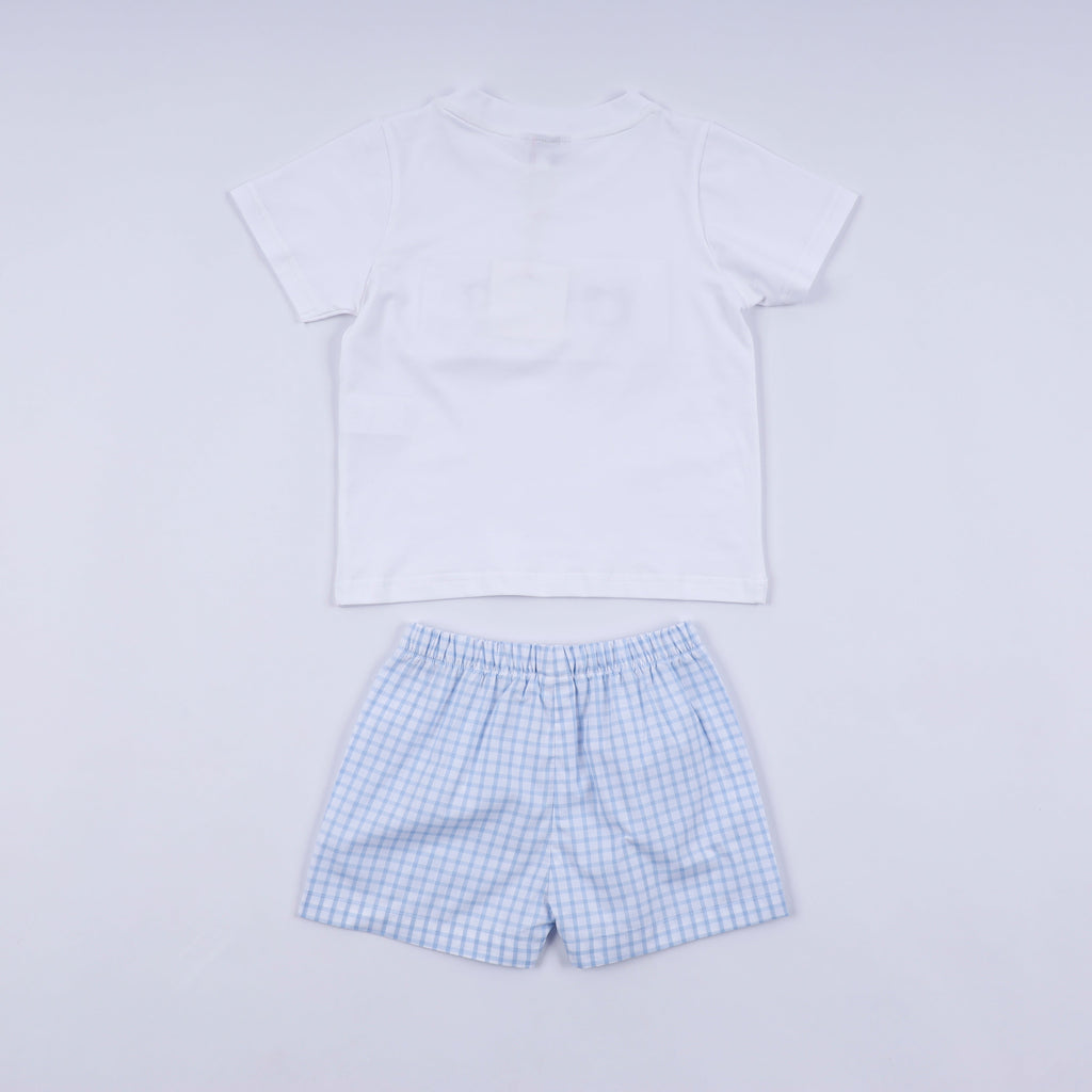 Ensemble short vichy smocké main personnage bleu