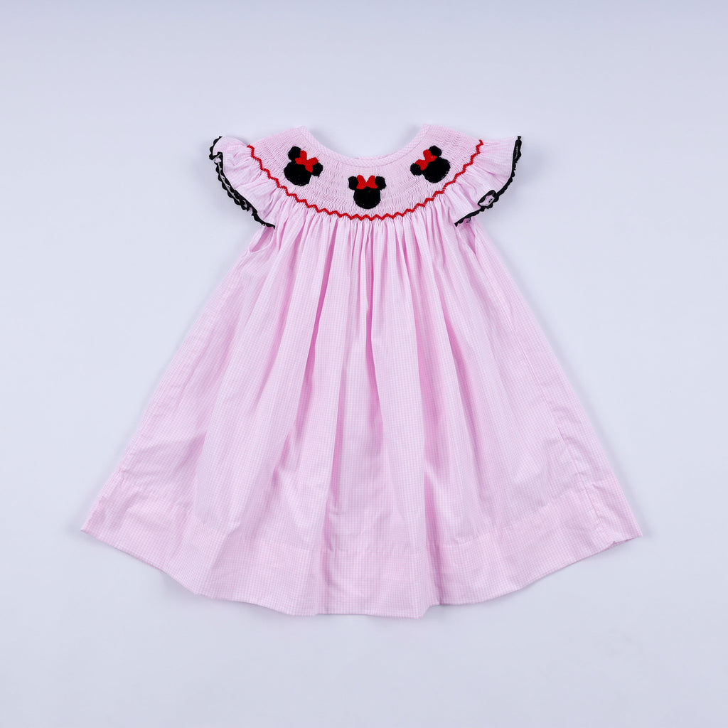 Robe à smocks et volants à carreaux rouge