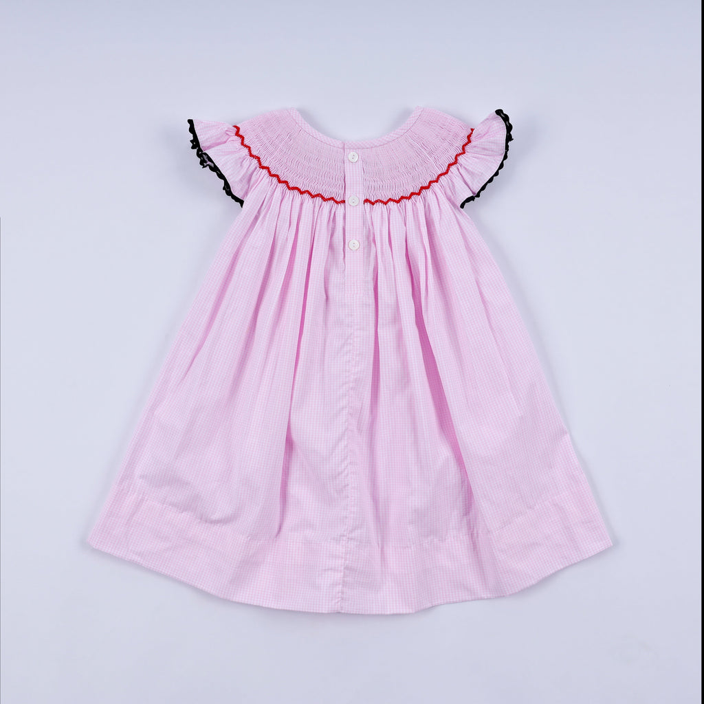 Robe à smocks et volants à carreaux rouge