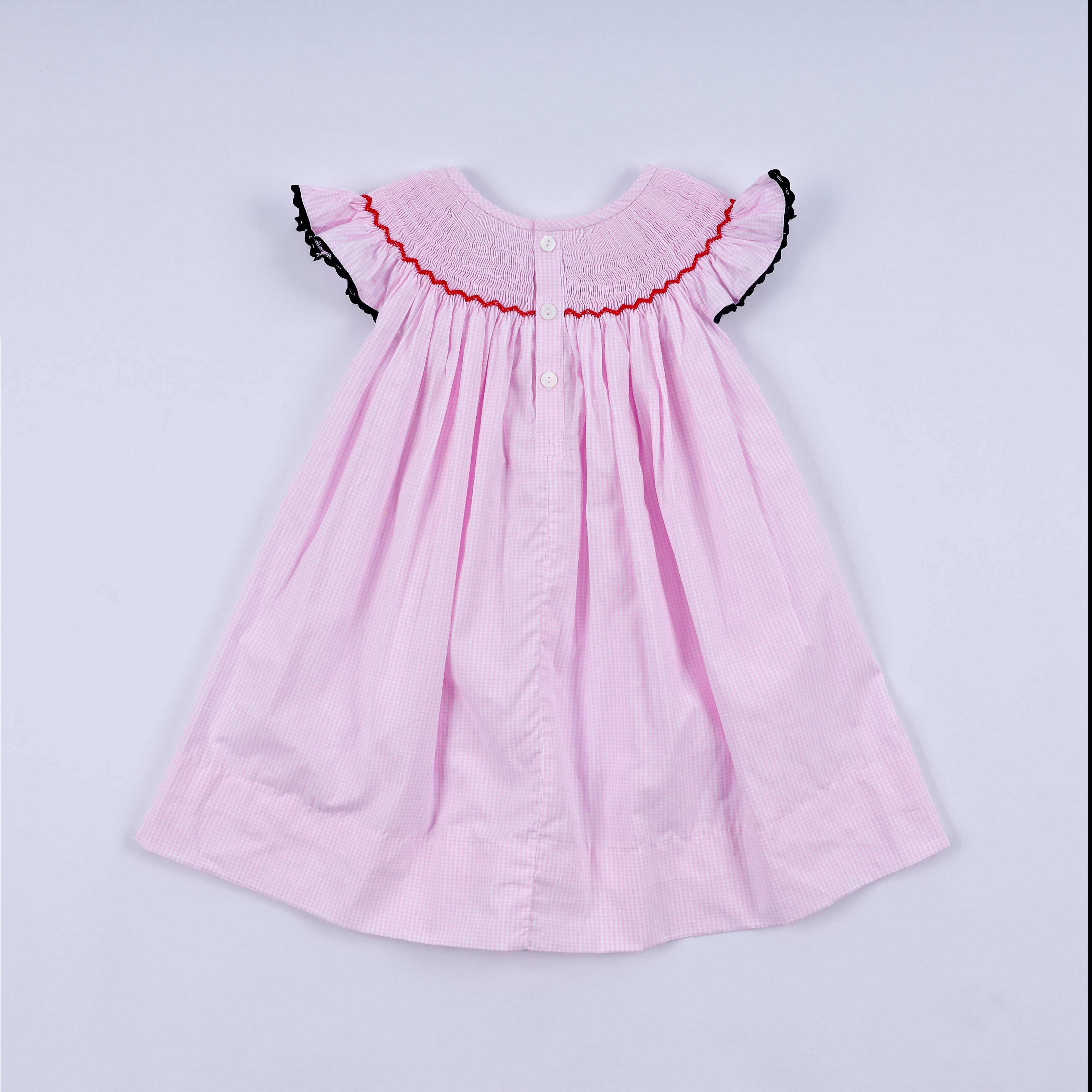 Robe à smocks et volants à carreaux rouge