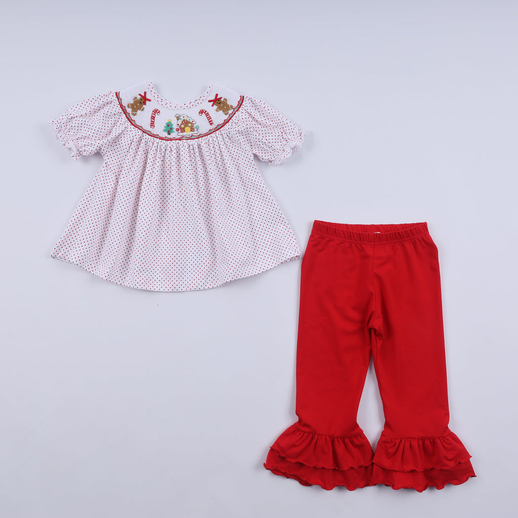 Ensemble pantalon à volants rouge en pain d'épices, smocké main