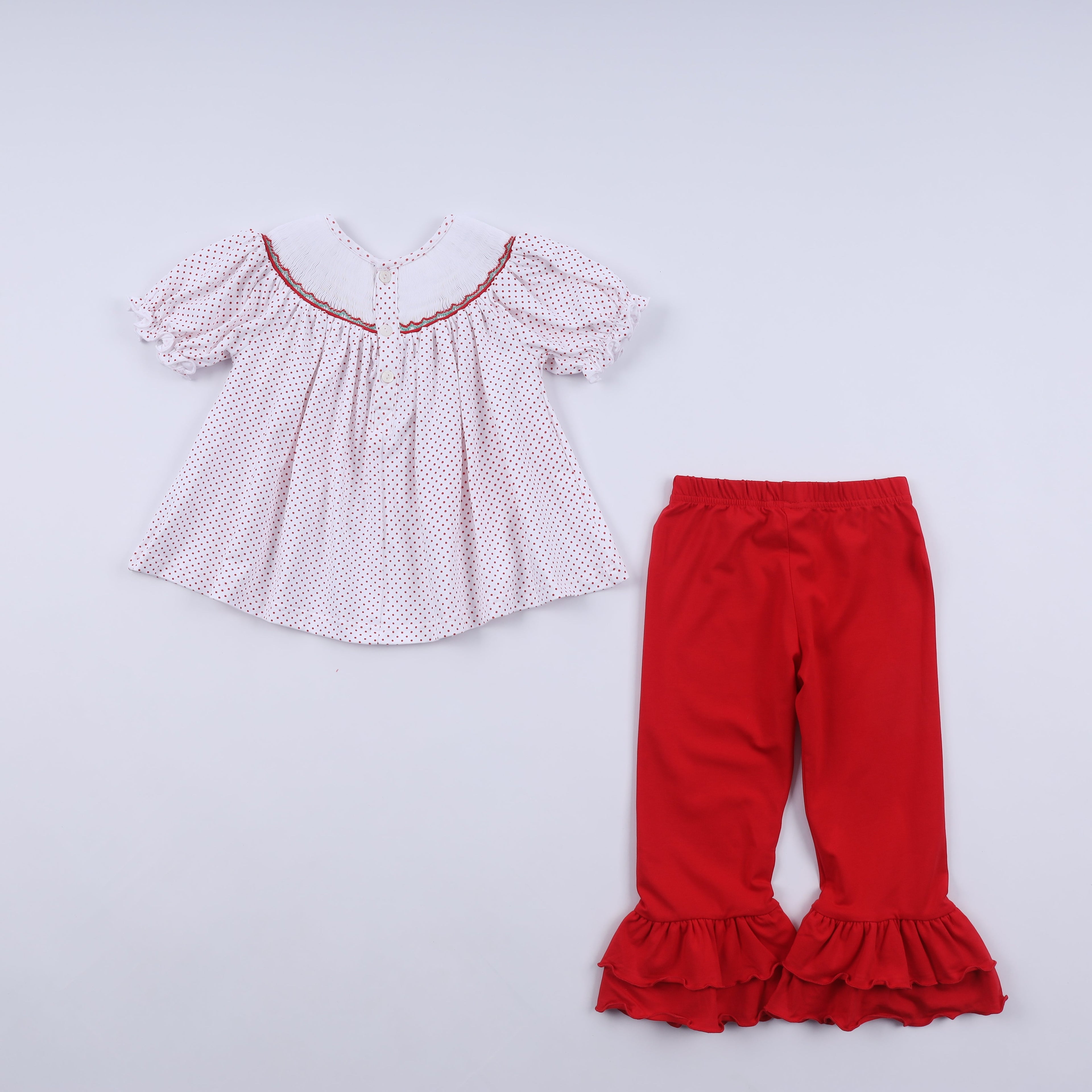 Ensemble pantalon à volants rouge en pain d'épices, smocké main