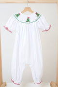 Barboteuse smockée à la main pour fille, motif sapin de Noël blanc