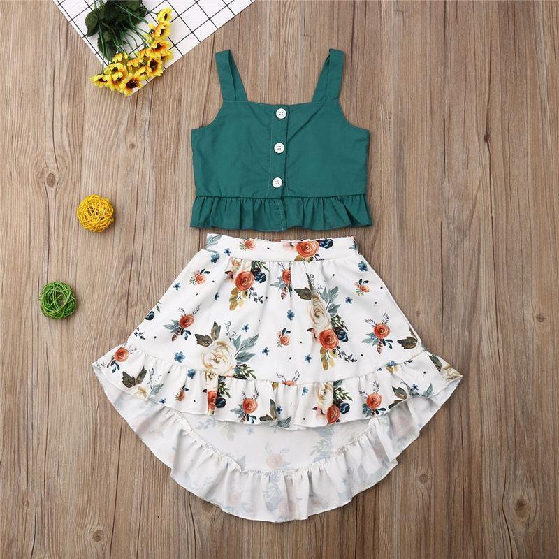 Robe élégante 2 pièces pour bébé fille avec hauts à volants et robe fleurie au design moderne et intéressant pour bébés filles