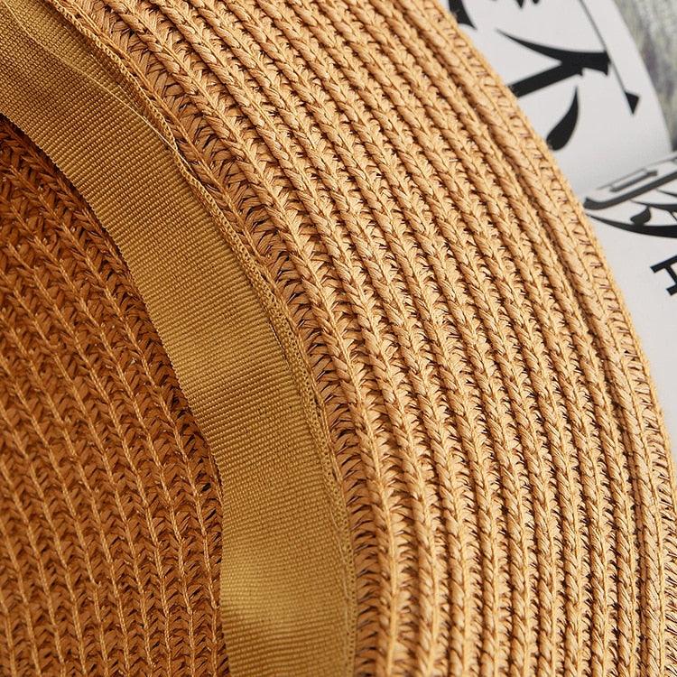 Chapeau de plage classique simple pour femme - Chapeau d'été décontracté en paille de couleur unie pour femme - Chapeau élégant pour voyage - Protection UV - Casquette de soleil pour femme - Design plat avec nœud - Casquette mignonne pour fille 56-58 cm