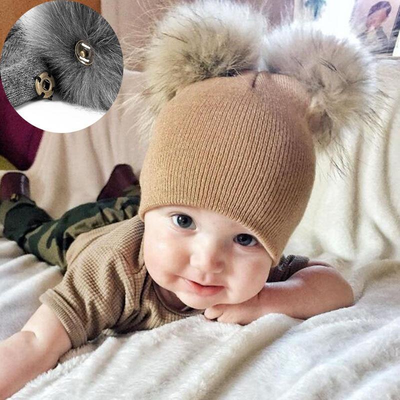 Nouvelle Tendance Bonnet Bébé Hiver Tricoté Chaud Double Pompon Fourrure Casquettes Bonnets Pour Filles Au Design Moderne