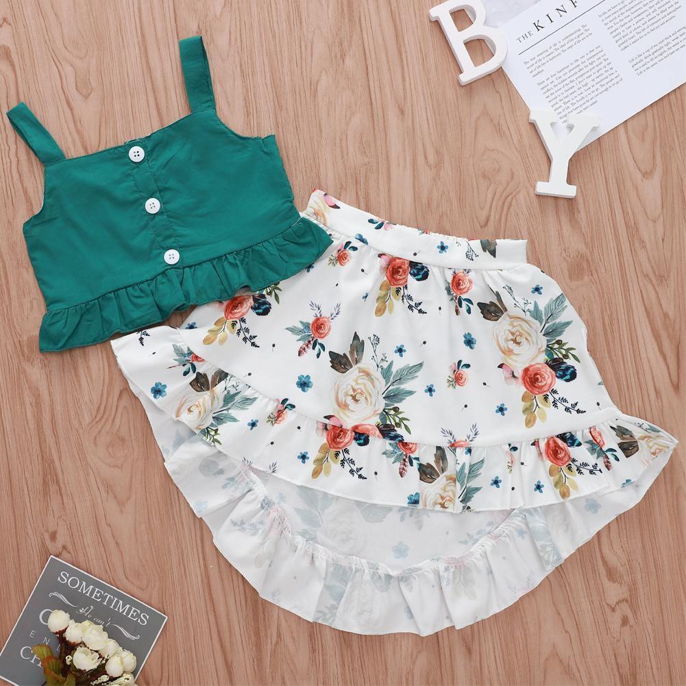 Robe élégante 2 pièces pour bébé fille avec hauts à volants et robe fleurie au design moderne et intéressant pour bébés filles
