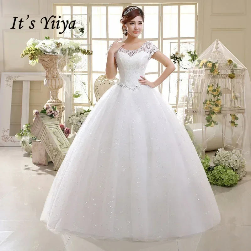 Robe de mariée grande taille, photo réelle, rouge, blanche pure, dentelle, col rond, paillettes, robes de mariée pas cher, robes de princesse, HS587