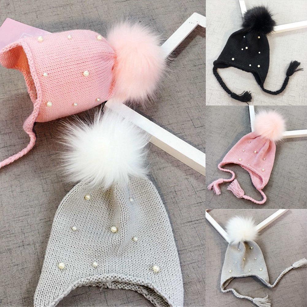 Magnifiques Bonnets Bébé Hiver Doux et Chaud en Tricot avec Pompon, pour Nouveau-nés, Enfants, Garçons et Filles, Motif Perles Mignonnes